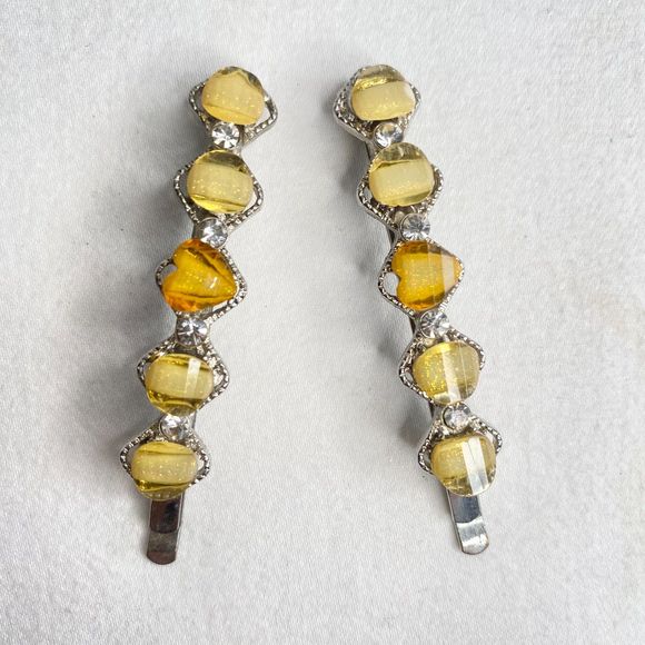 Hair Accessory Set Blue Flower Barette Blue Stone Combs And Yellow Stone Pins - Picture 11 of 15